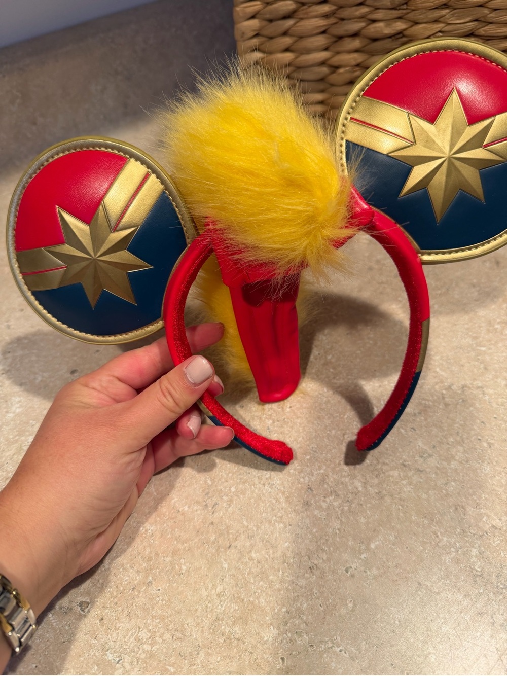 Disney Captain Marvel Red, Blue and Gold Mouse Ear Headband with Yellow Pom